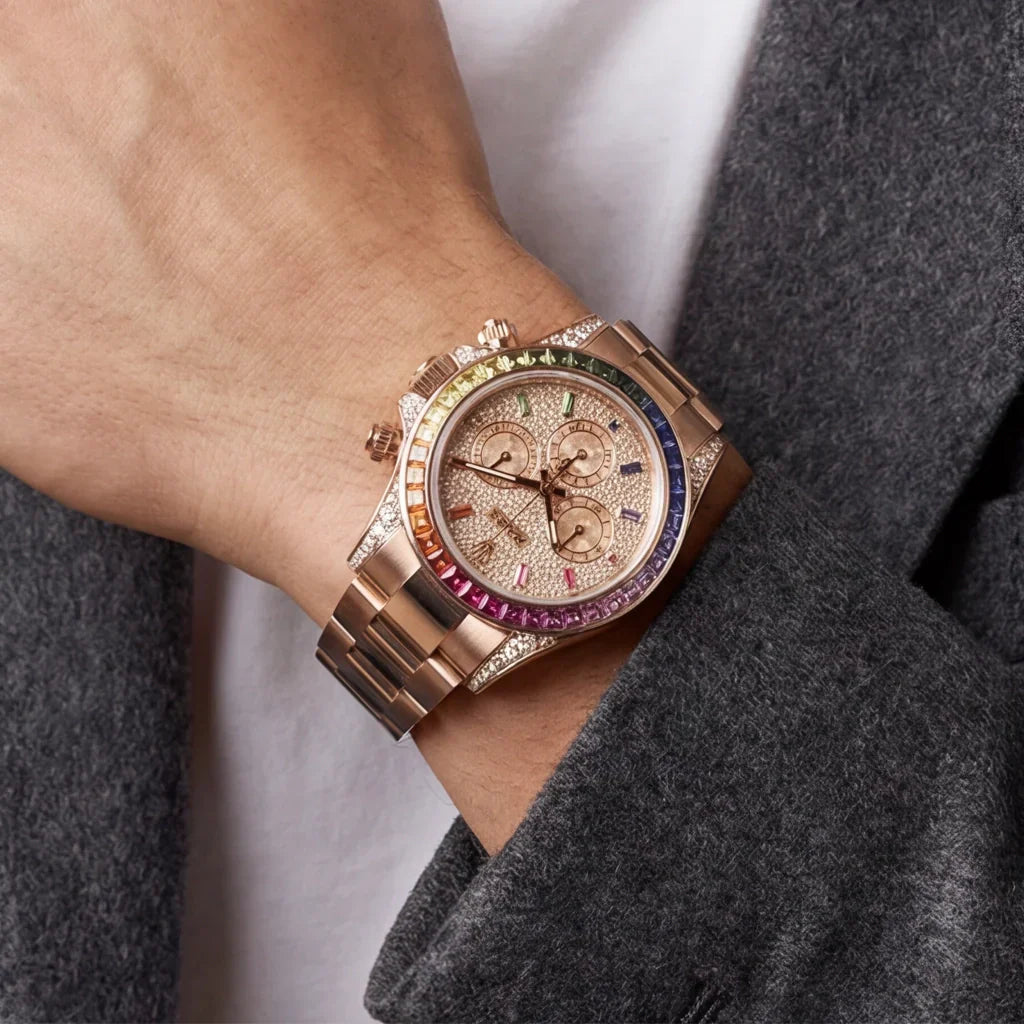 Chronograph Bracelet Watch With Rainbow Baguette Bezel And Pave Dial