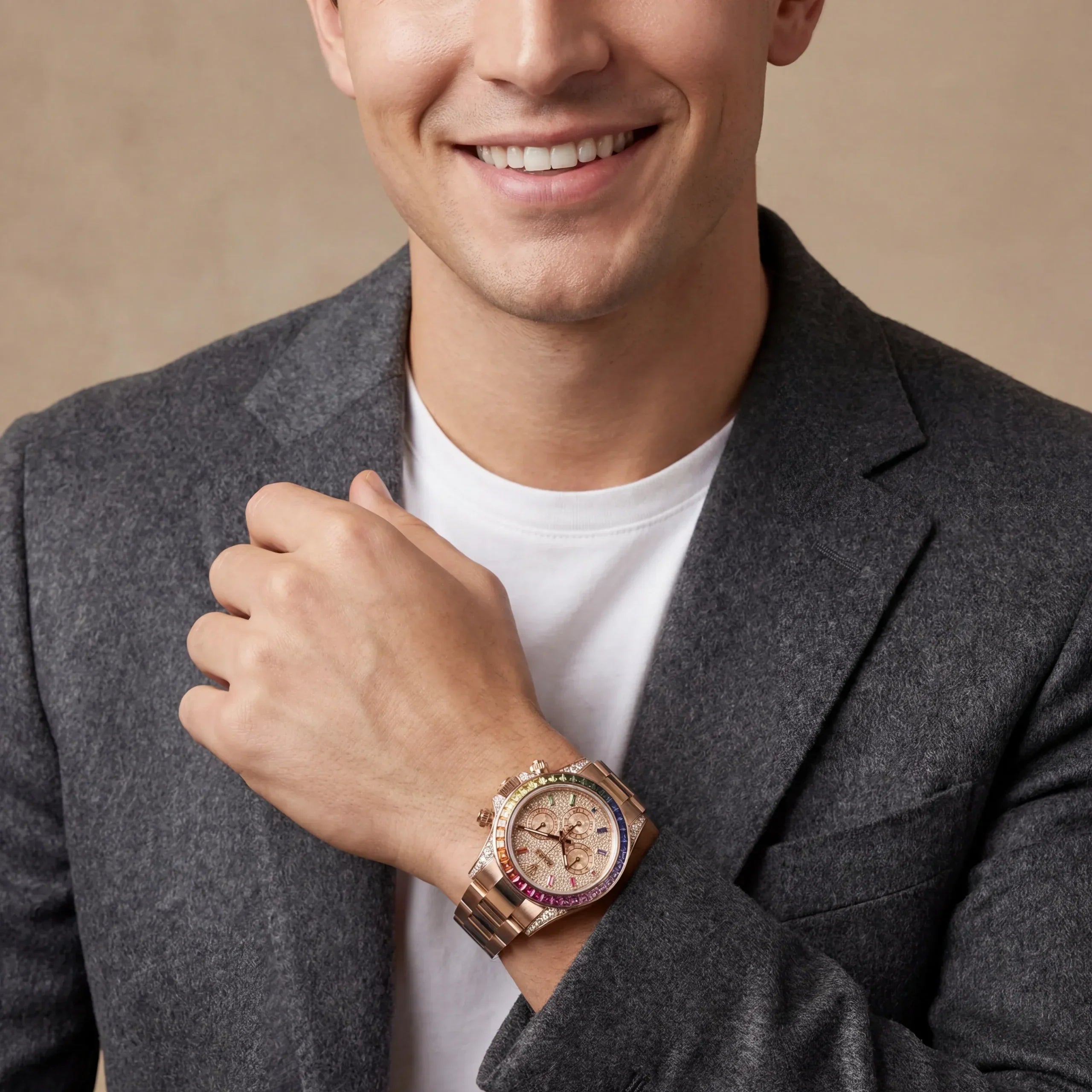 Chronograph Bracelet Watch With Rainbow Baguette Bezel And Pave Dial