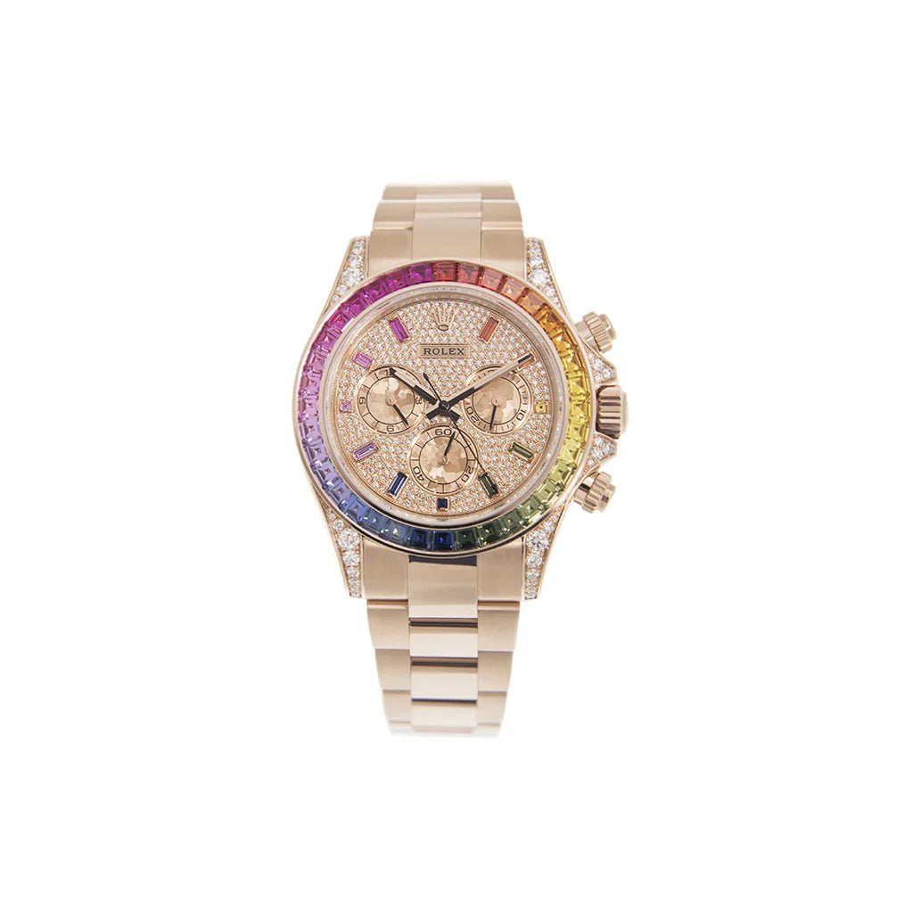Chronograph Bracelet Watch With Rainbow Baguette Bezel And Pave Dial