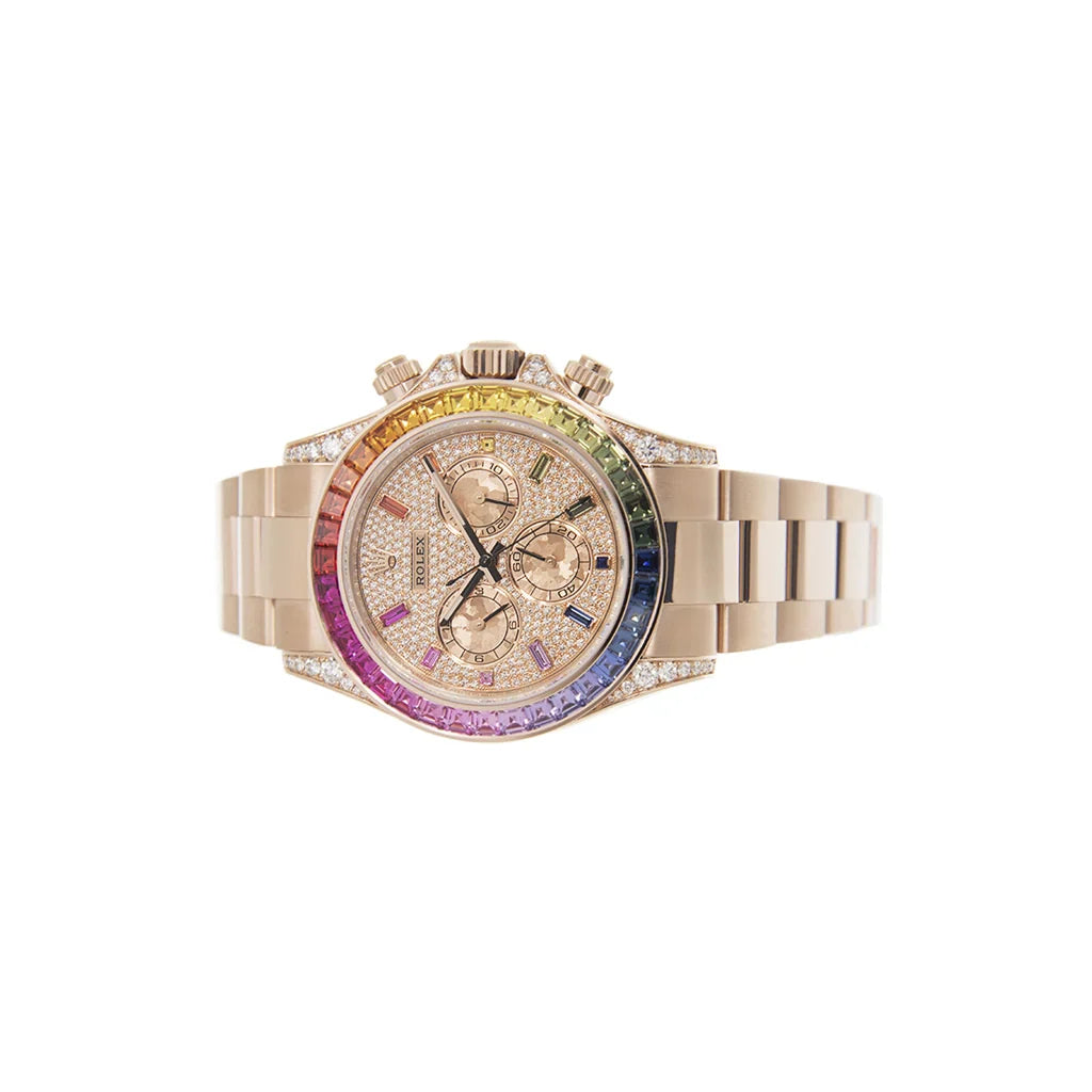 Chronograph Bracelet Watch With Rainbow Baguette Bezel And Pave Dial