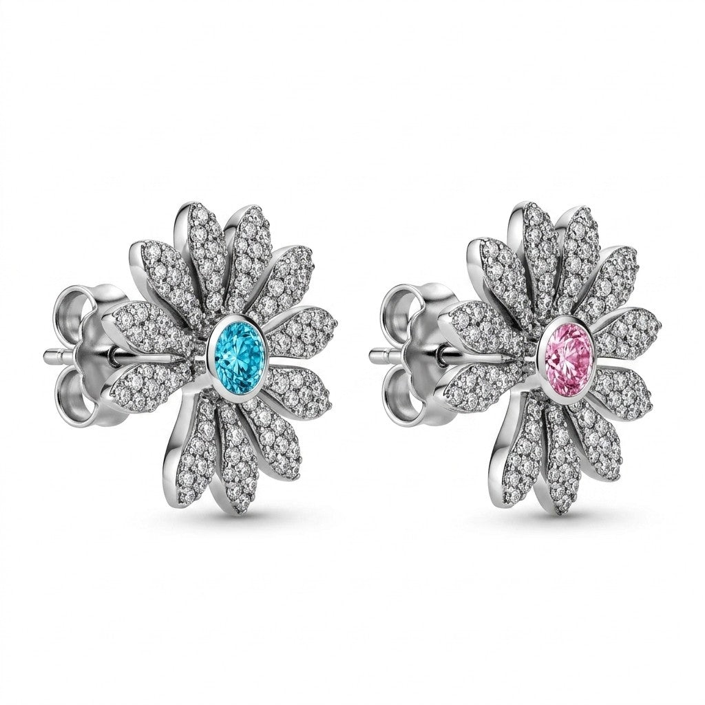 Daisy Pink Blue Topaz Pavé Stud Earrings Peaceminusone Inspired