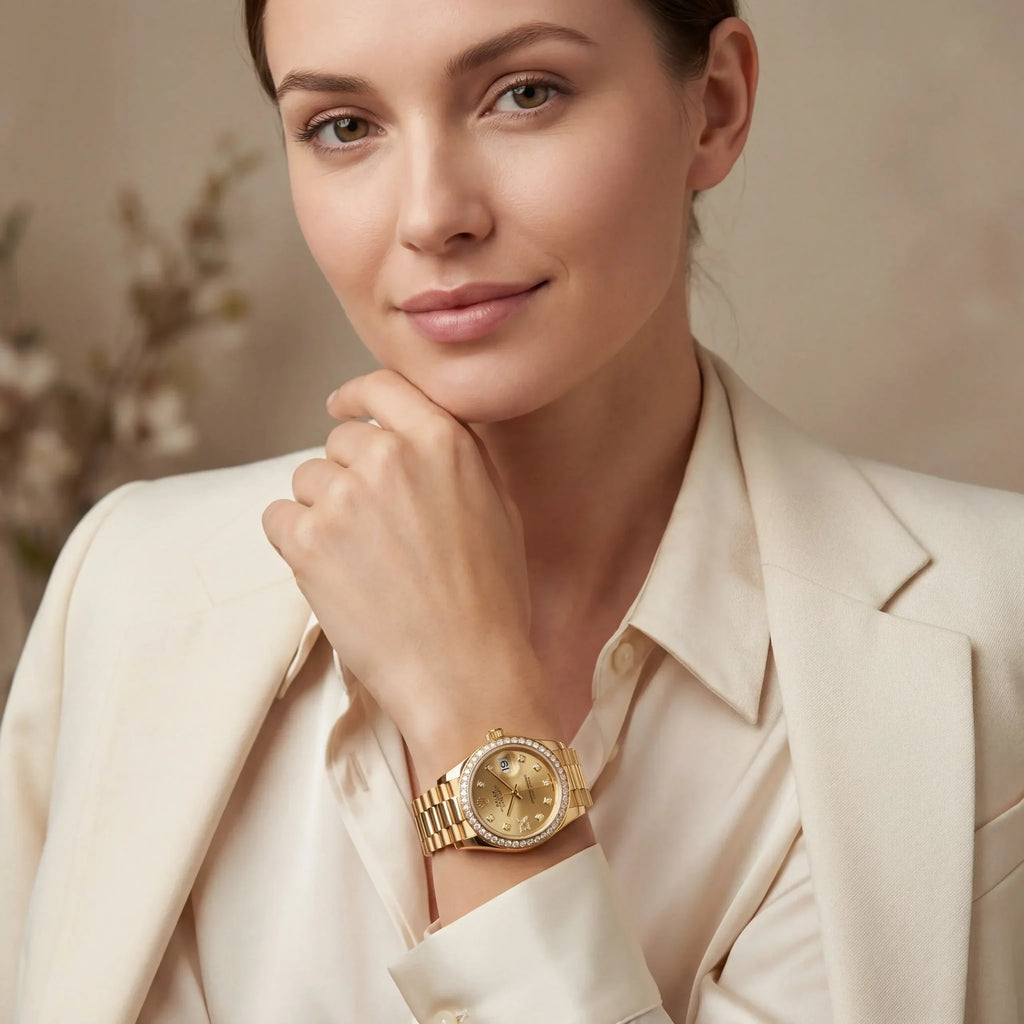 Date Bracelet Watch With Diamond Bezel And Diamond Hour Markers