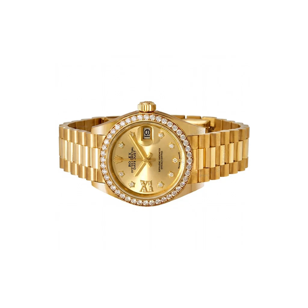 Date Bracelet Watch With Diamond Bezel And Diamond Hour Markers