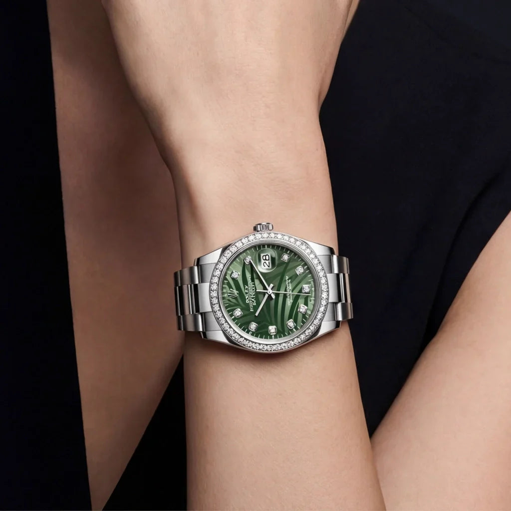 Datejust Olive Green Palm-Motif Dial Women’s Timepiece