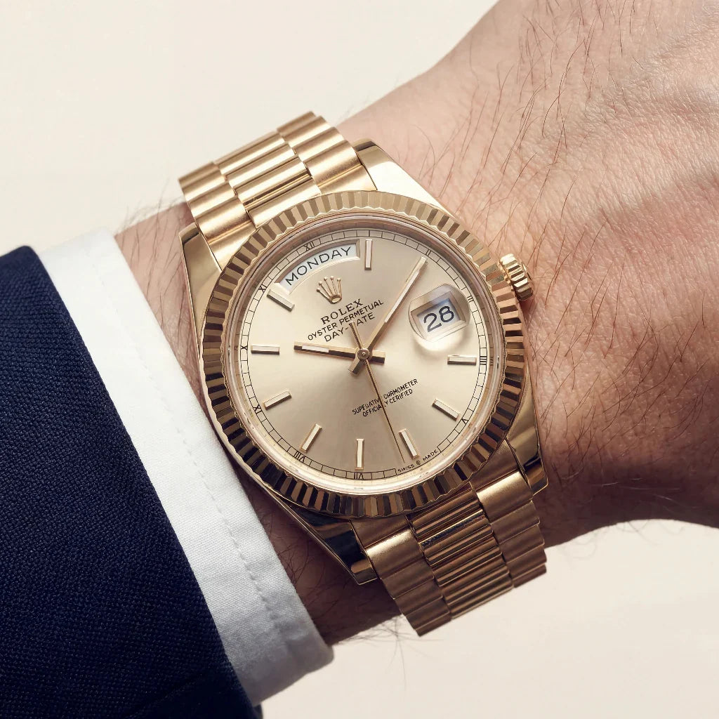 Day-Date Automatic Watch With Fluted Bezel And Stick Markers