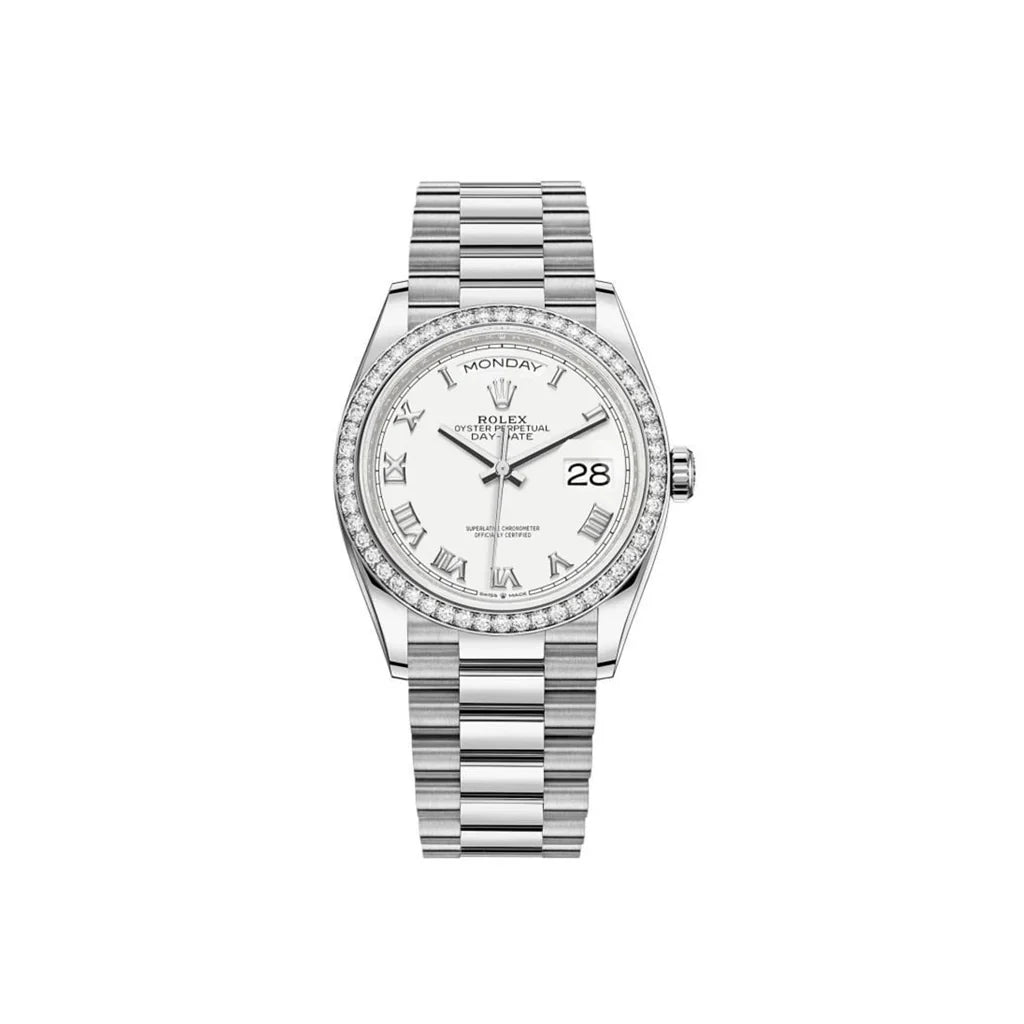 Day-date White Roman Dial Bezel Women's Watch