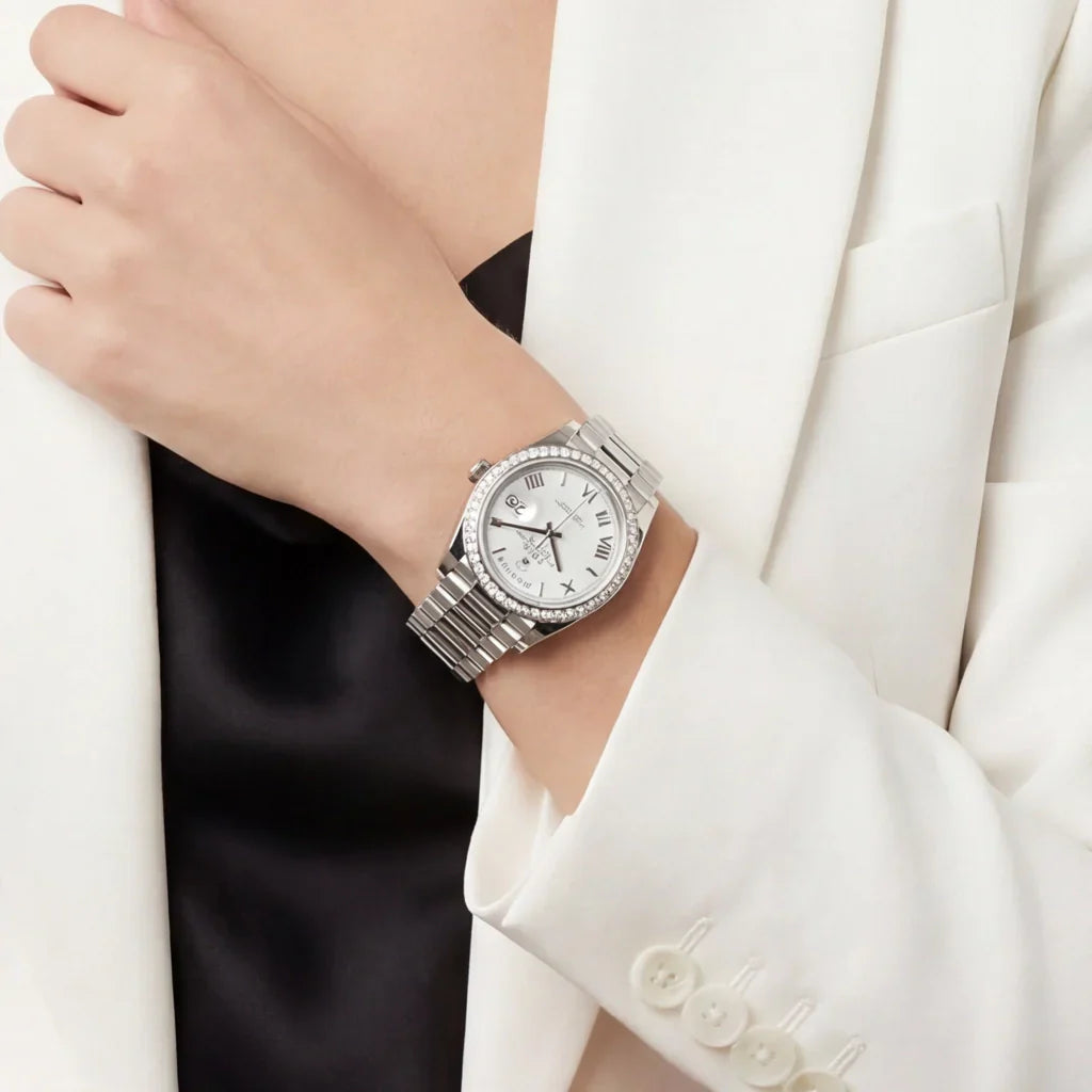 Day-date White Roman Dial Bezel Women's Watch