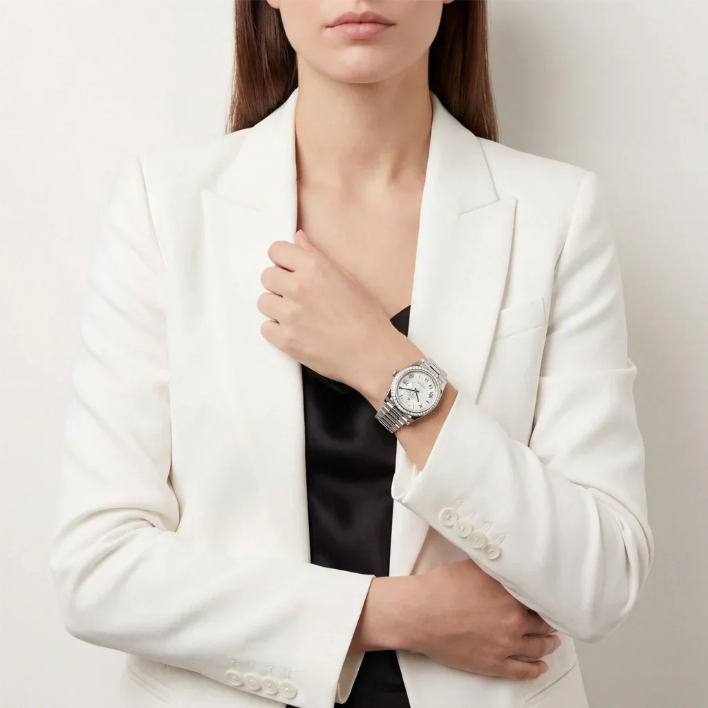 Day-date White Roman Dial Bezel Women's Watch