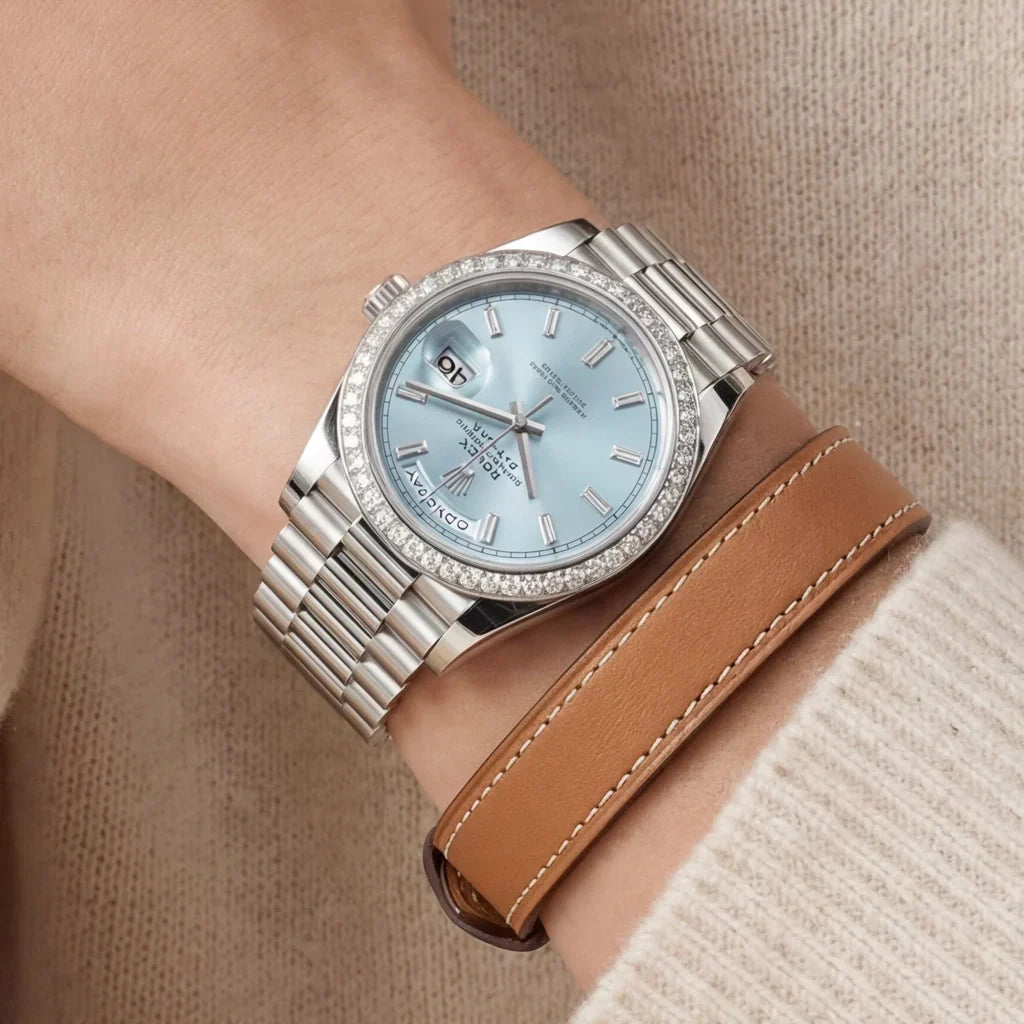 Day-Date Women’s Watch With Ice-Blue Dial And Bezel