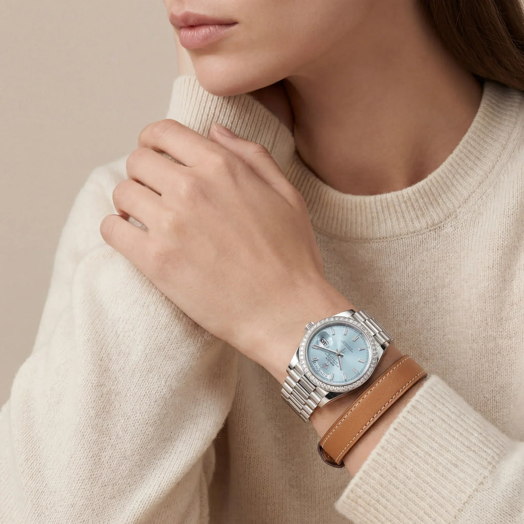 Day-Date Women’s Watch With Ice-Blue Dial And Bezel