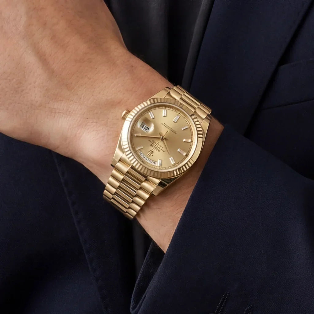 Luxury Automatic Day-Date Watch With Champagne Diamond Dial