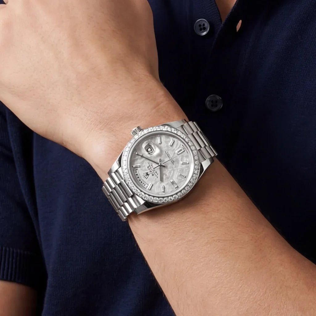 Luxury Automatic Day Date Watch With Meteorite Diamond Dial