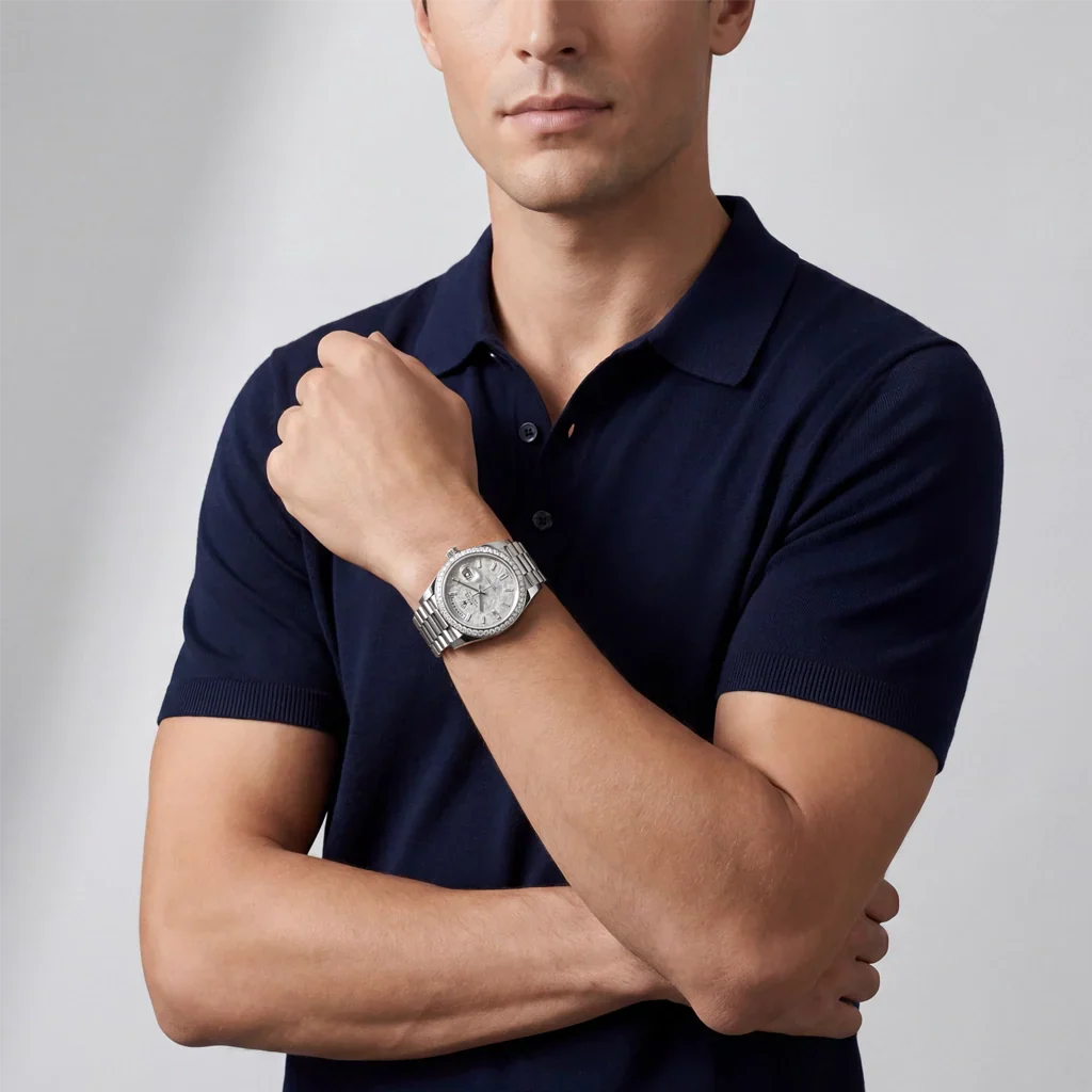 Luxury Automatic Day Date Watch With Meteorite Diamond Dial