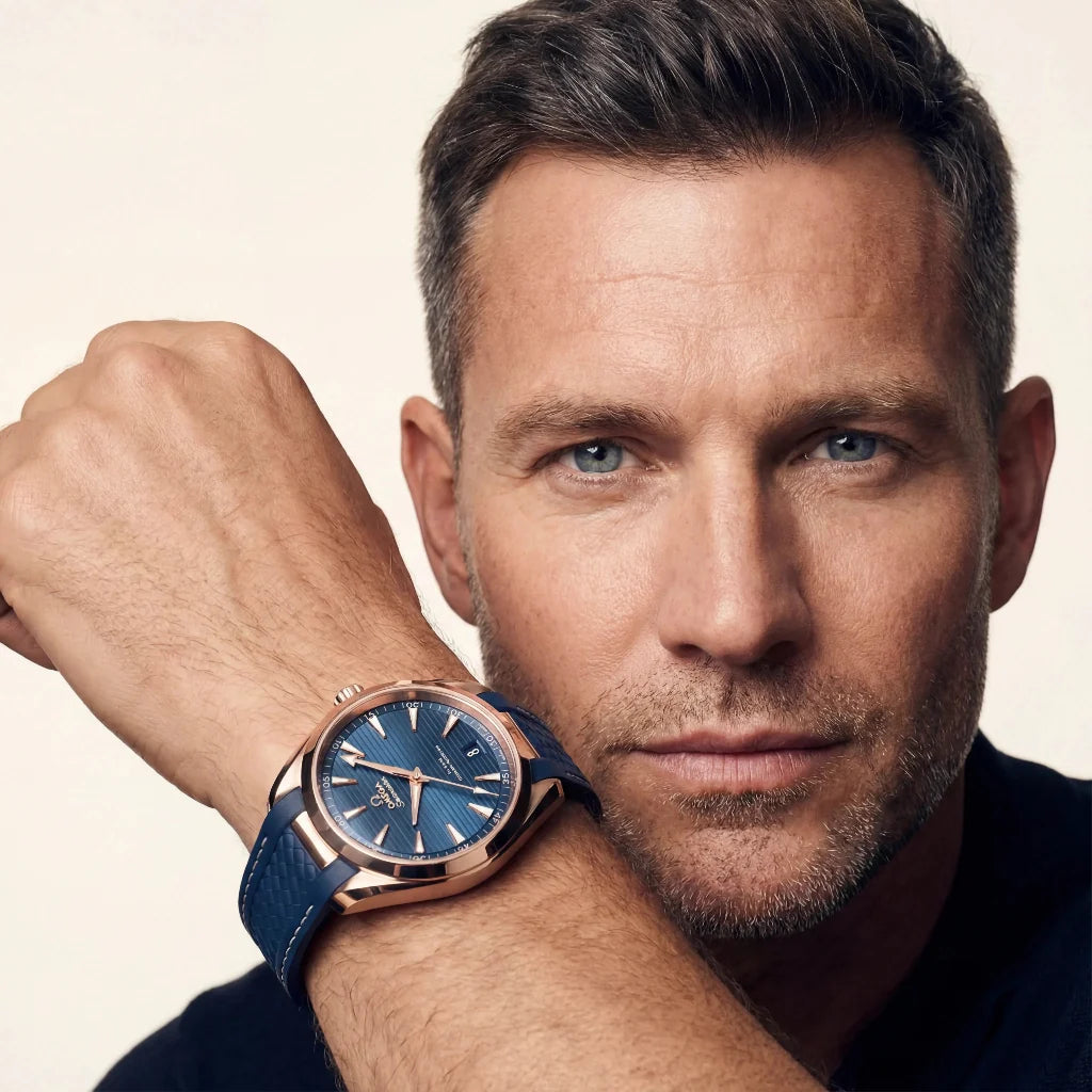 OM Blue Vertical Dial Rose Tone Bezel Watch