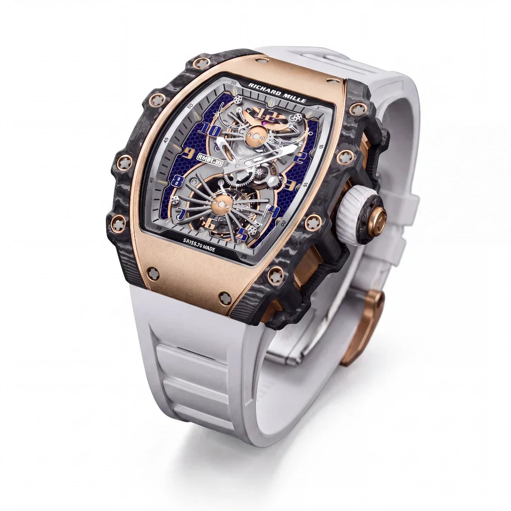 RM Gold Tone Blue Grid Dial Watch