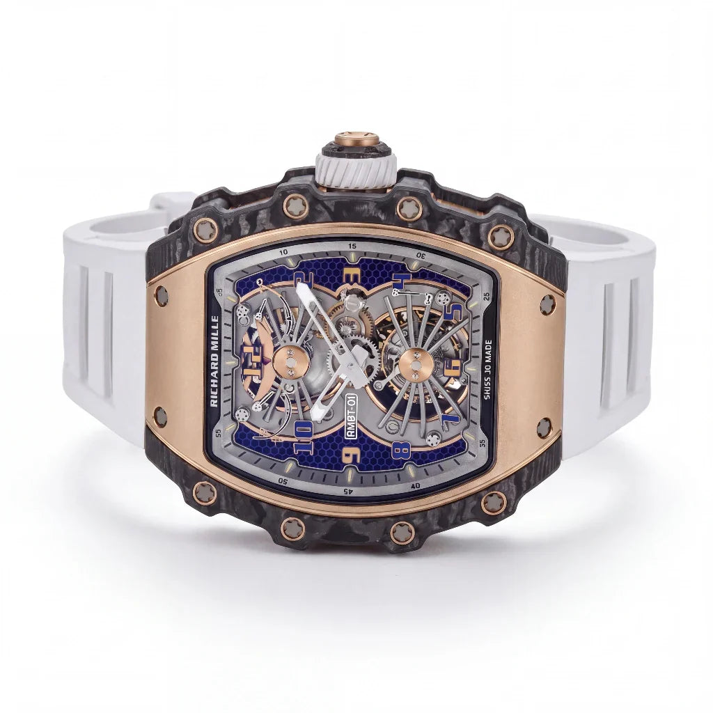 RM Gold Tone Blue Grid Dial Watch