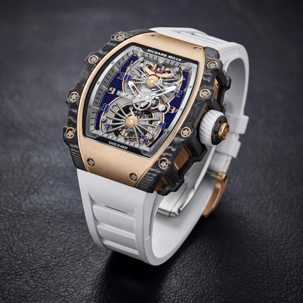 RM Gold Tone Blue Grid Dial Watch