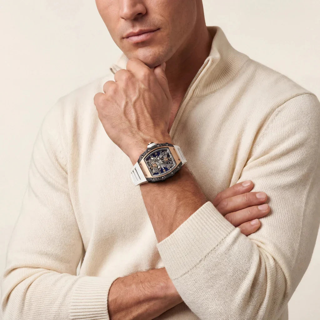 RM Gold Tone Blue Grid Dial Watch