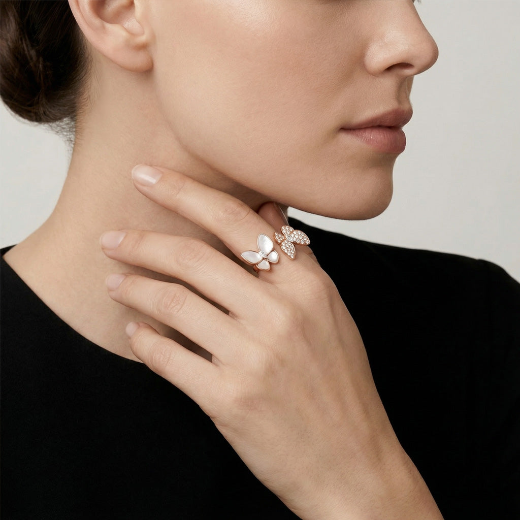 Two Butterfly Between The Finger Pearl Ring