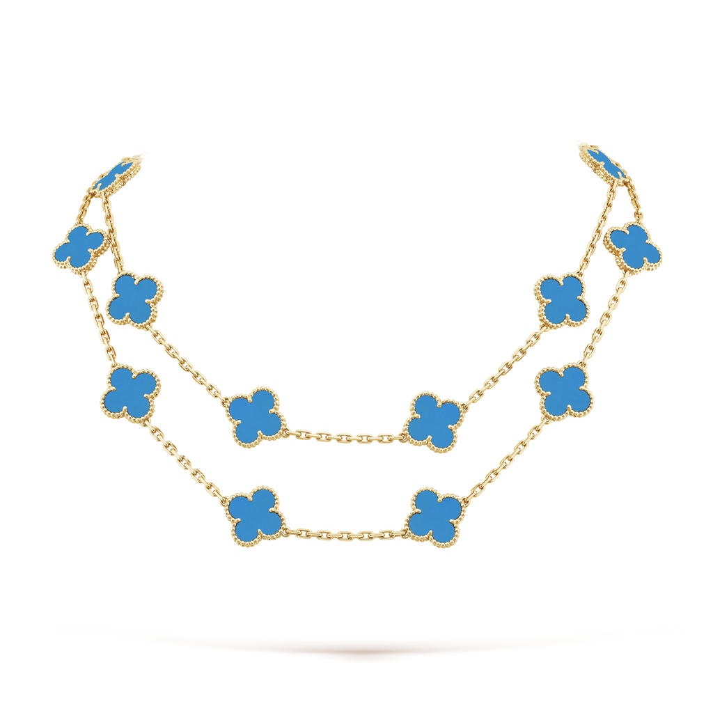 Vintage Alhambra Blue Agate 20 Motifs Long Necklace