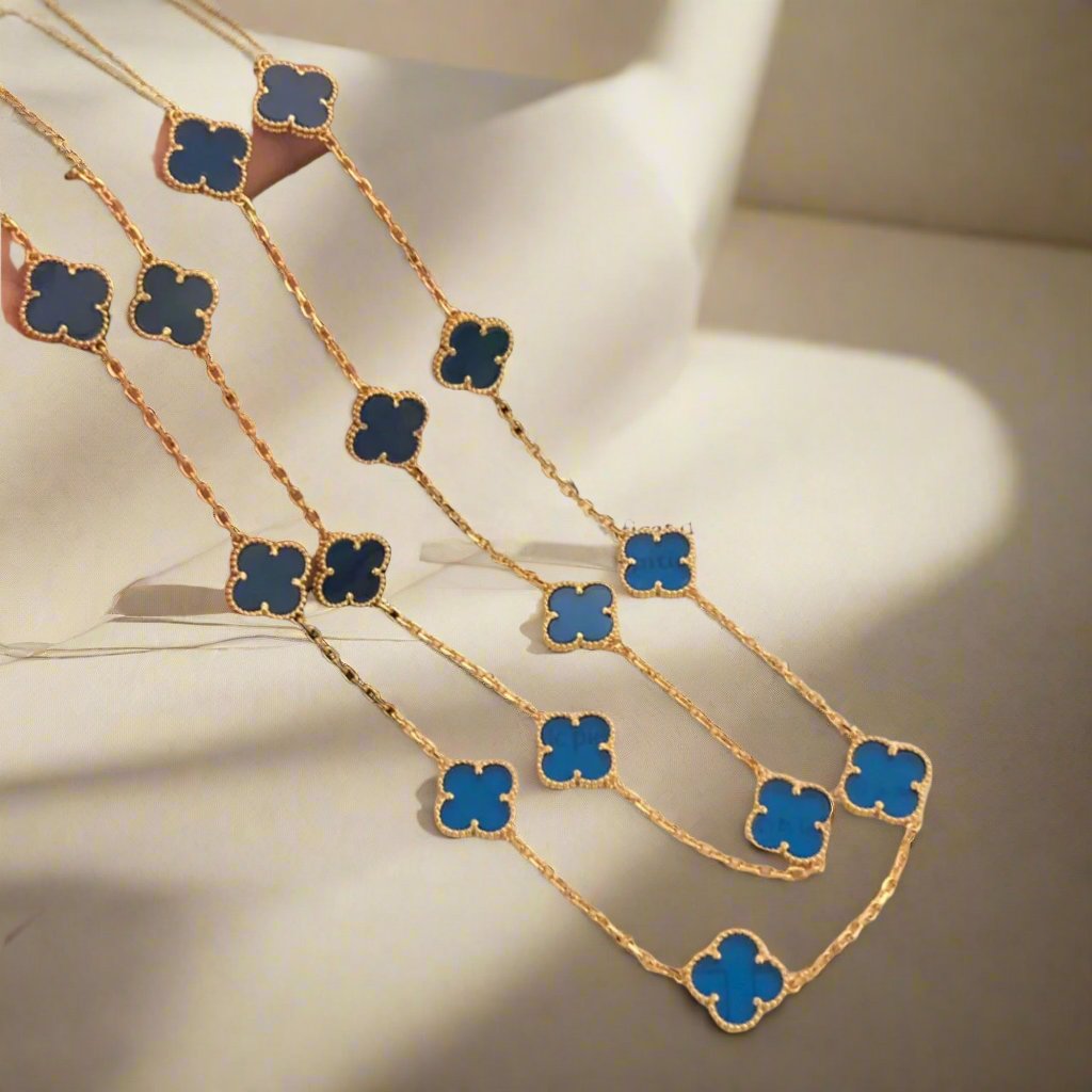 Vintage Alhambra Blue Agate 20 Motifs Long Necklace