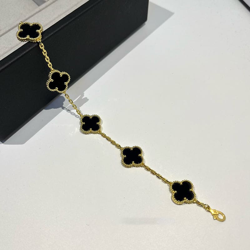 Vintage Alhambra Five Motifs Black Clover Bracelet