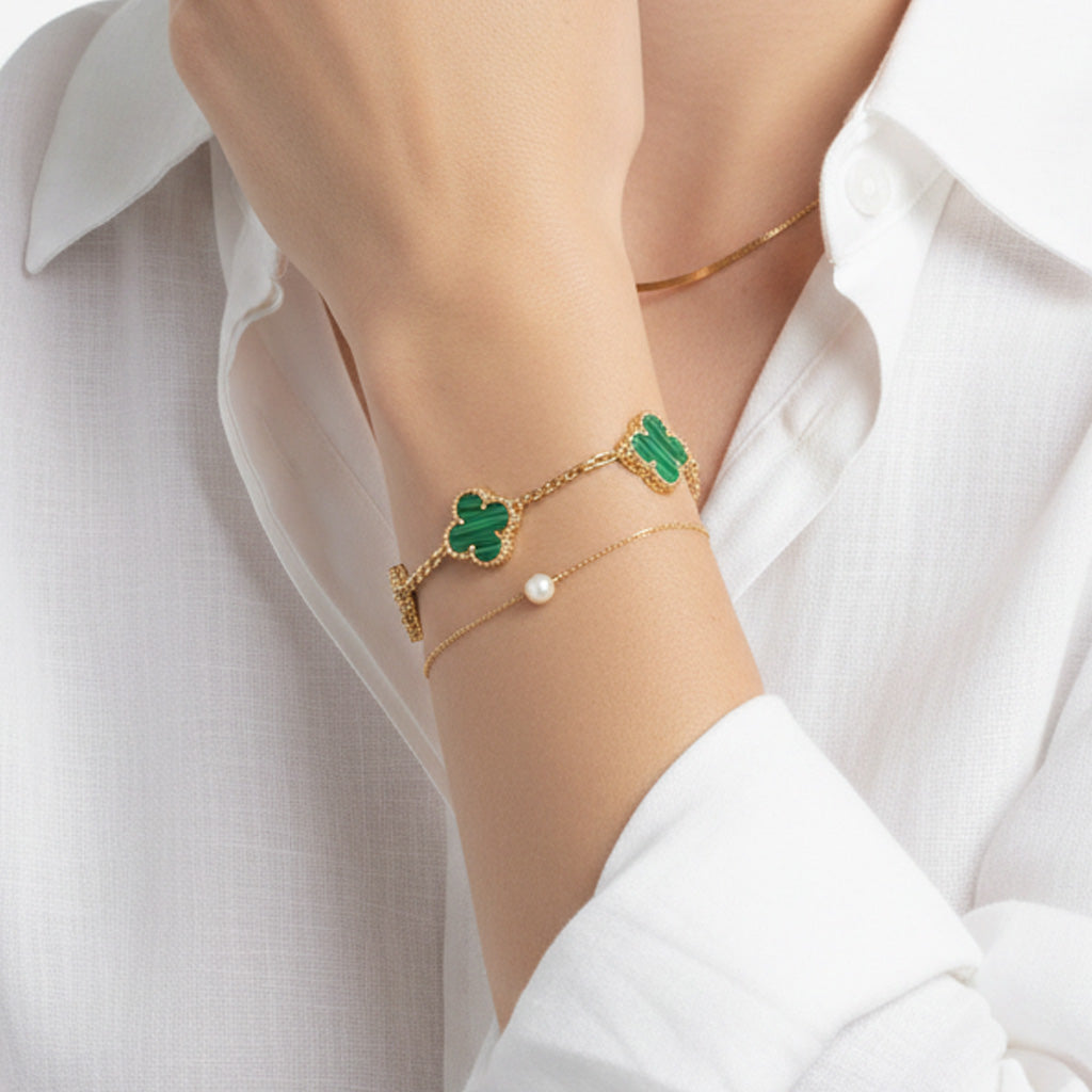 Vintage Alhambra Five Motifs Malachite Clover Bracelet