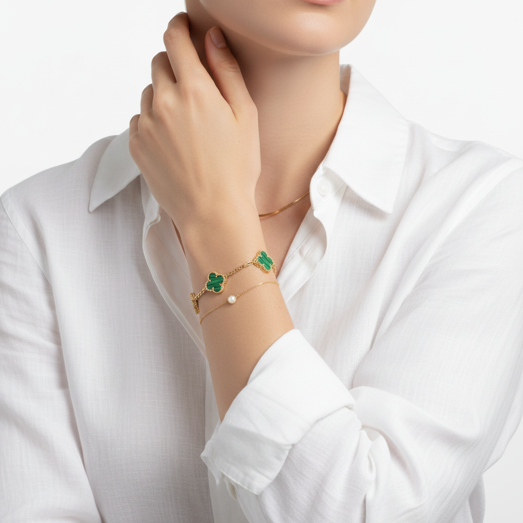 Vintage Alhambra Five Motifs Malachite Clover Bracelet