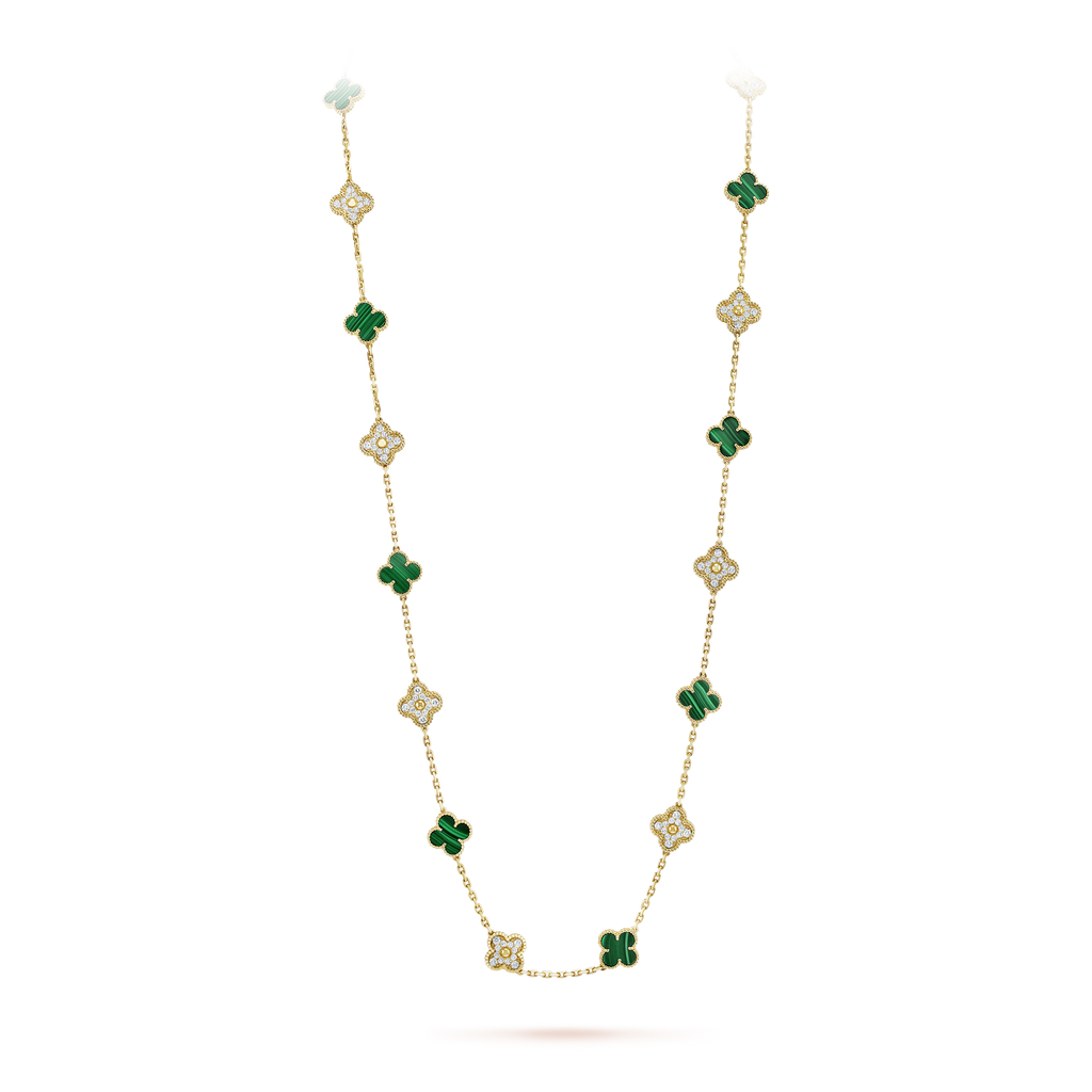 Vintage Alhambra Malachite 20 Motifs Long Clover Necklace