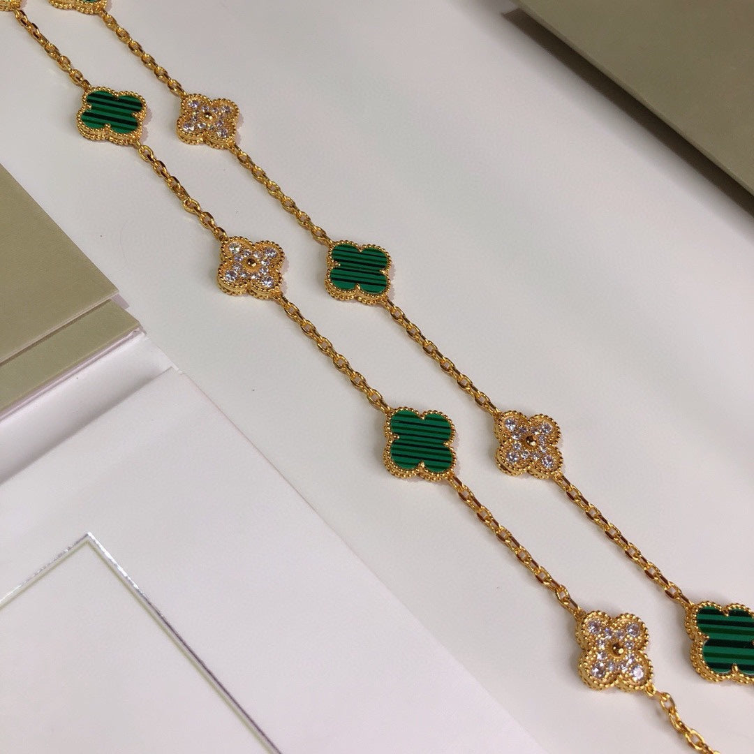 Vintage Alhambra Malachite 20 Motifs Long Clover Necklace