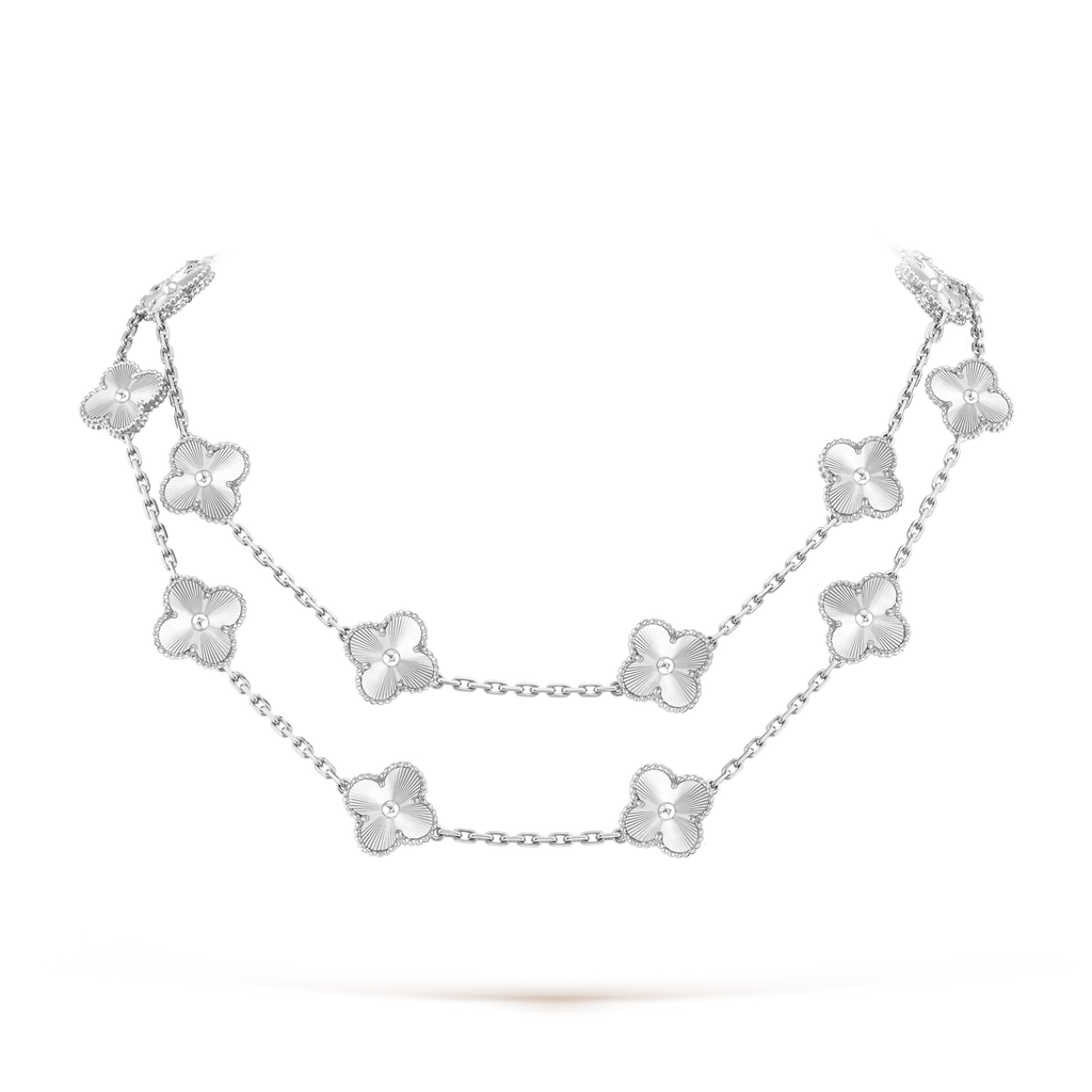Vintage Alhambra White Agate 20 Motifs Long Necklace